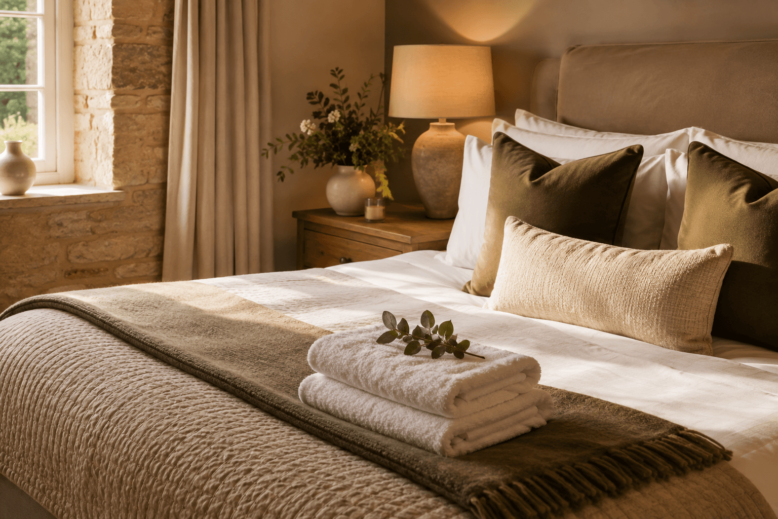 A freshly prepared bed with folded towels in a stone bedroom