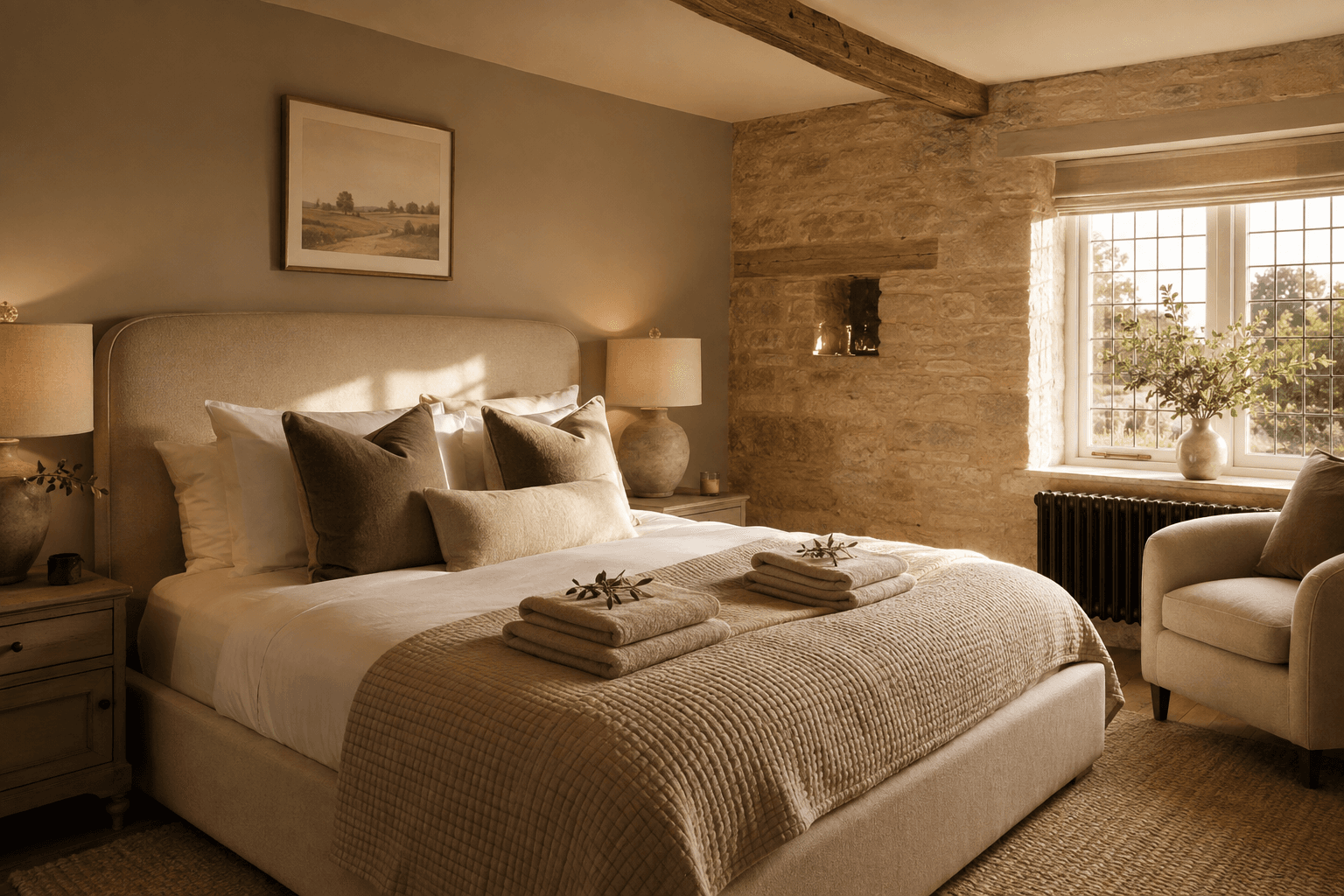 A neatly prepared bedroom with white linen and folded towels