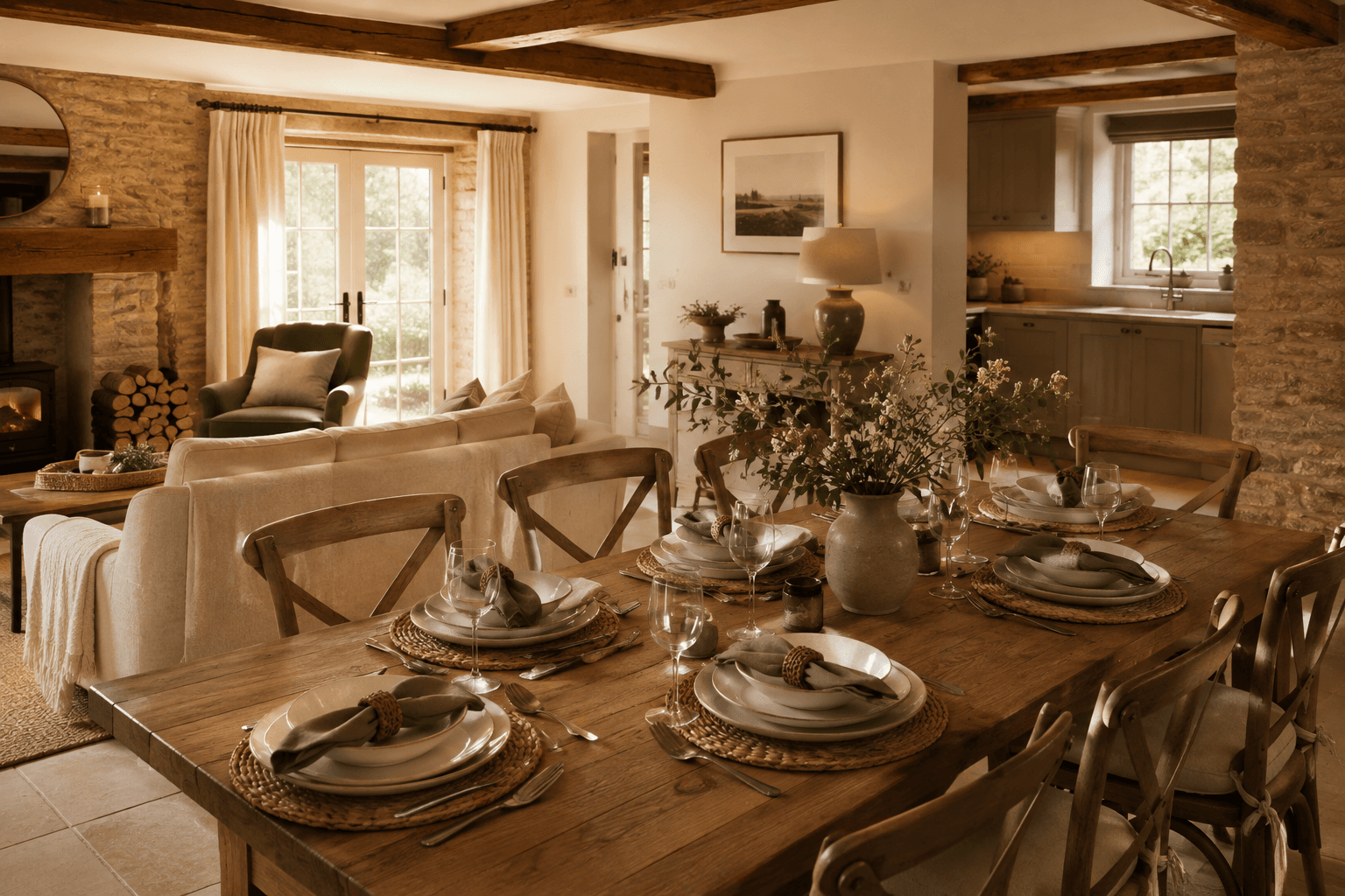 A bright dining room prepared for guests