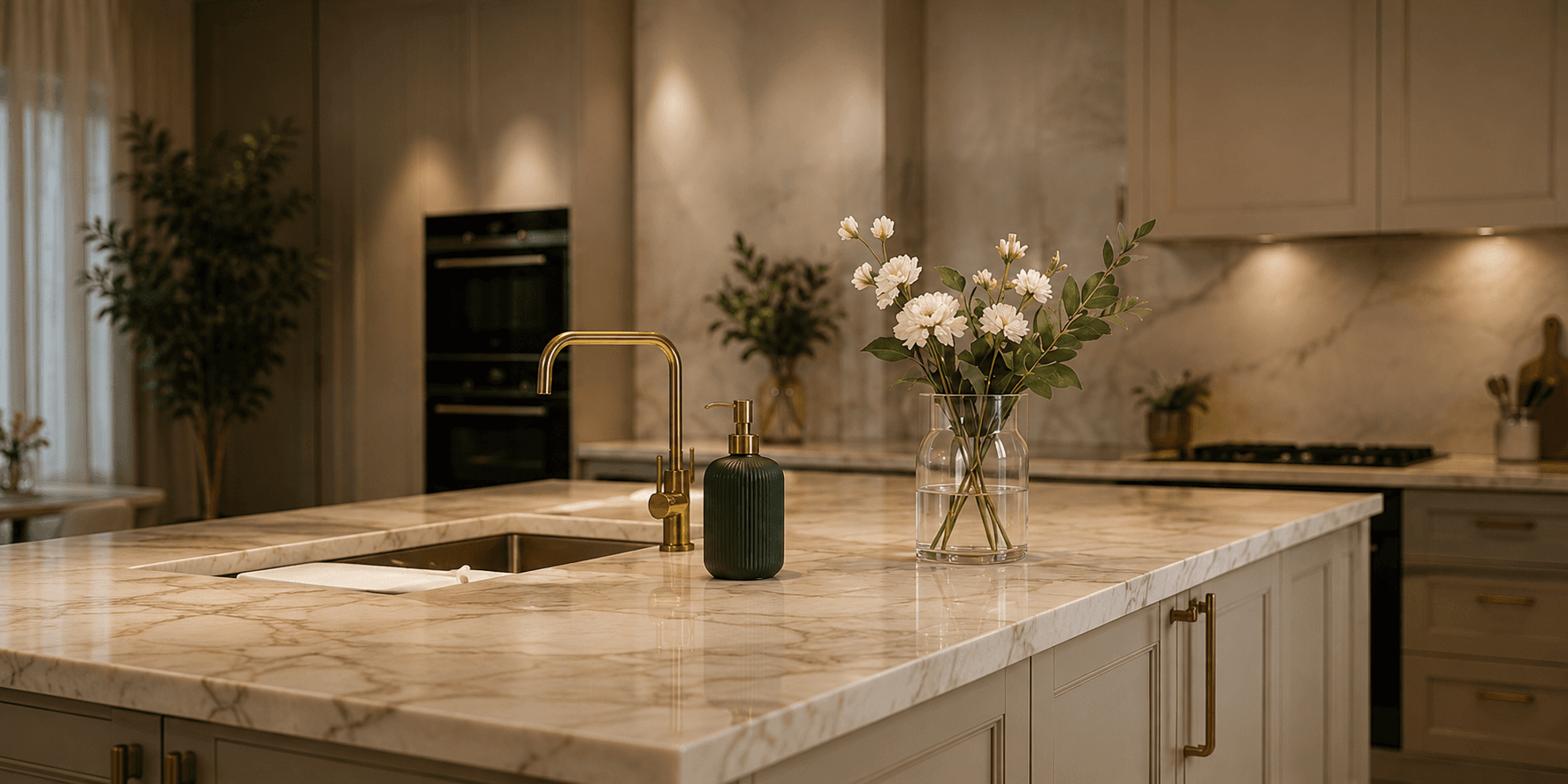 A thoughtfully prepared kitchen counter with flowers and polished surfaces