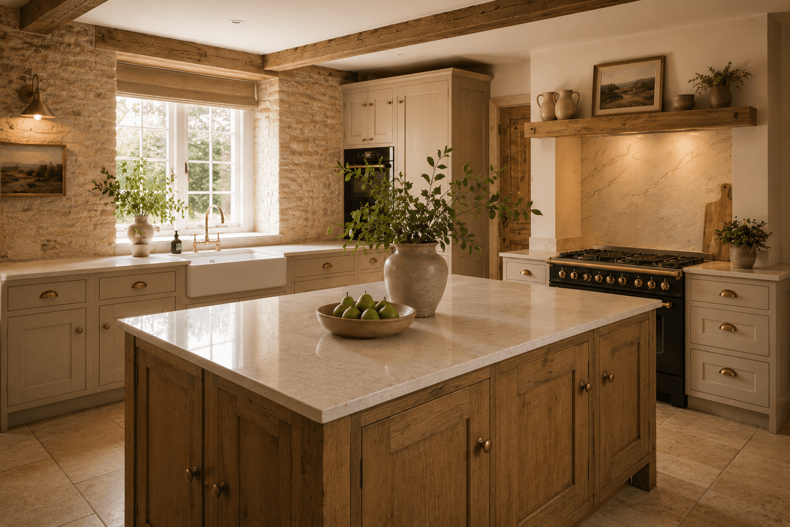A clean kitchen with clear worktops and polished appliances