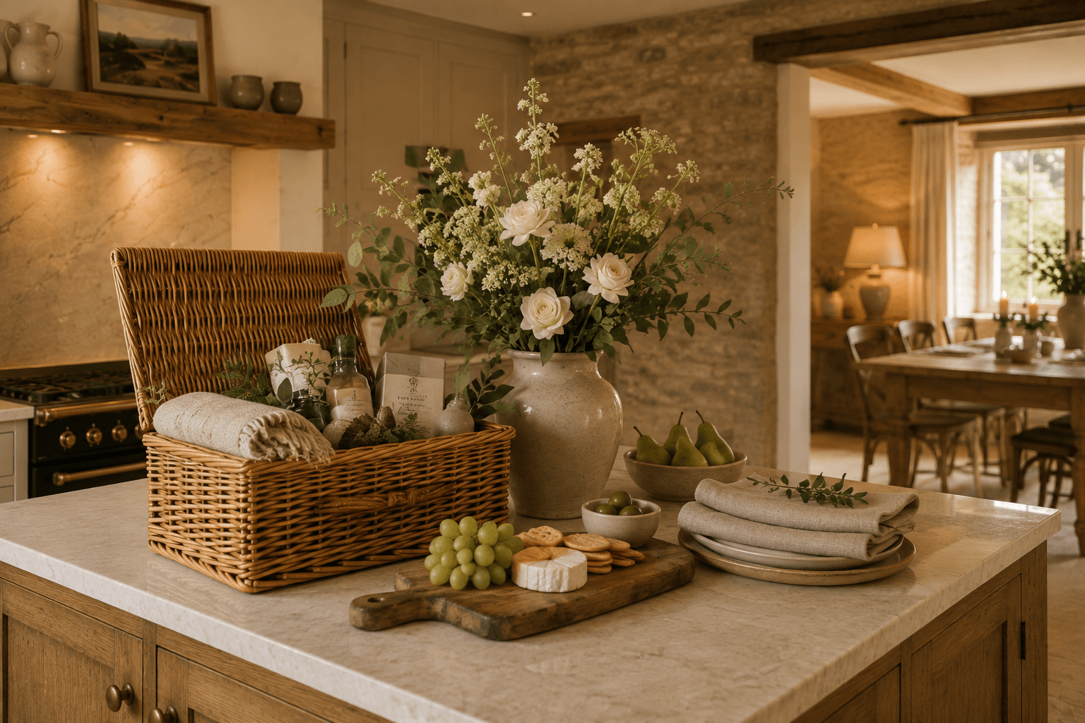 A carefully arranged living room with natural stone walls