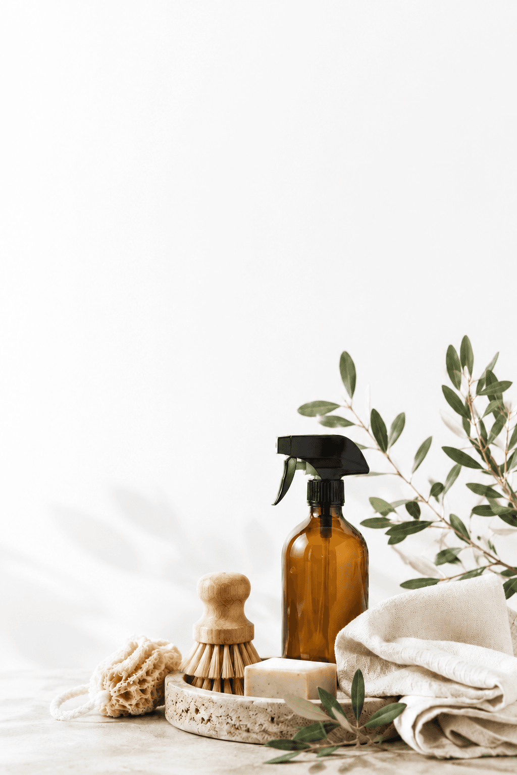 Eco-friendly cleaning products arranged with natural brushes and greenery
