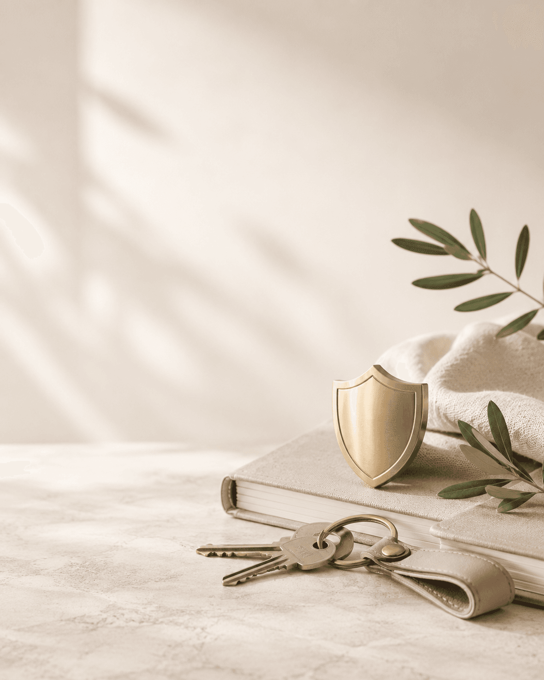 Gold security shield with keys arranged beside neutral fabric and greenery