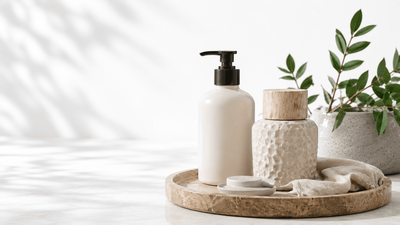 Premium bathroom essentials arranged on a stone tray